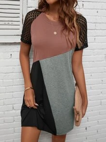 EMERY ROSE Colour Block Contrast Lace Raglan Sleeve Tee Dress - Multicolor - View 4