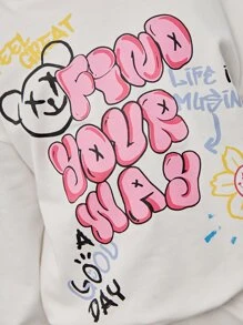 SHEIN 少女卡通标语图案落肩卫衣 - 白色 - 查看 6