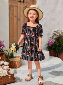 SHEIN Toddler Girls 1pc Floral Print Ruffle Hem Dress - Multicolor - View 1