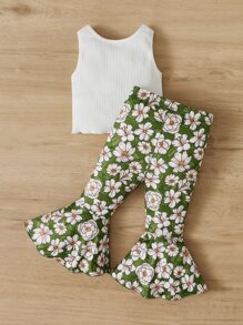 SHEIN Leap Crew Baby Girl Ribbed Knit Tank Top & Floral Print Flare Leg Pants - Multicolor - View 2