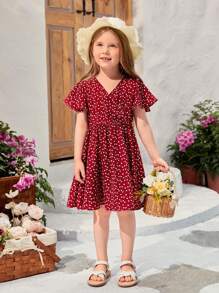 SHEIN 小女童1入組紙屑愛心圖案蝴蝶袖洋裝 - 酒紅色 - 查看 1
