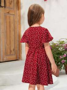 SHEIN 小女童1入組紙屑愛心圖案蝴蝶袖洋裝 - 酒紅色 - 查看 2