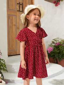 SHEIN 小女童1入組紙屑愛心圖案蝴蝶袖洋裝 - 酒紅色 - 查看 4