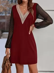SHEIN LUNE Guipure Lace Insert Lantern Sleeve Dress - Red - View 1
