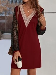 SHEIN LUNE Guipure Lace Insert Lantern Sleeve Dress - Red - View 6