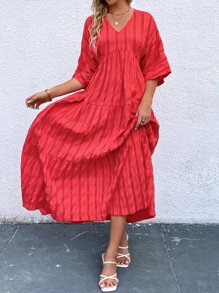 Breezaya Solid Ruffle Hem Smock Dress - Red - View 3
