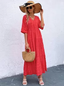 Breezaya Solid Ruffle Hem Smock Dress - Red - View 4