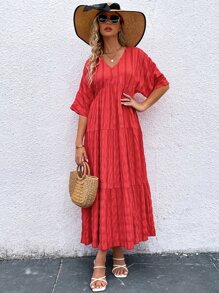 Breezaya Solid Ruffle Hem Smock Dress - Red - View 6