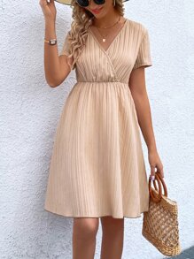 SHEIN LUNE Surplice Neck A-line Dress - Khaki - View 1