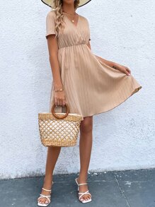 SHEIN LUNE Surplice Neck A-line Dress - Khaki - View 5