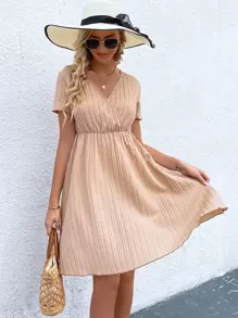 SHEIN LUNE Surplice Neck A-line Dress - Khaki - View 6