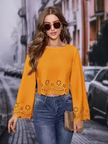 SHEIN Clasi Laser Cut Out Flounce Sleeve Blouse - Mustard Yellow - View 1