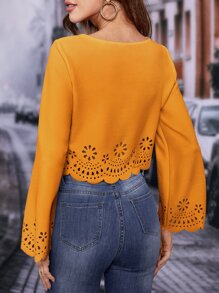 SHEIN Clasi Laser Cut Out Flounce Sleeve Blouse - Mustard Yellow - View 2