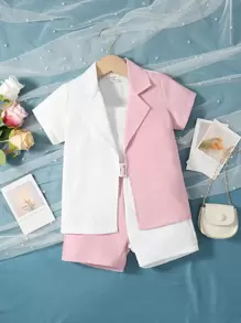 小女童雙色西裝領襯衫和短褲和吊帶上衣