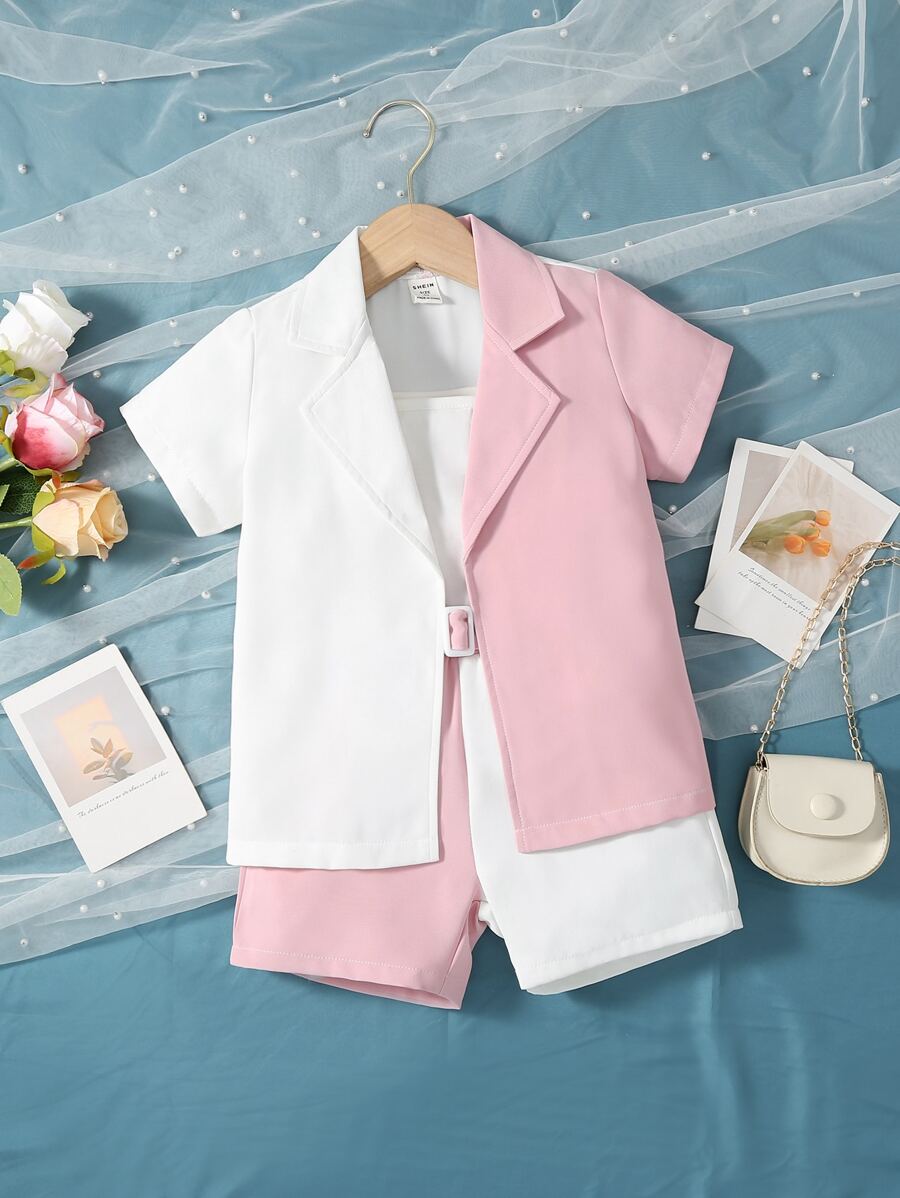 小女童雙色西裝領襯衫和短褲和吊帶上衣