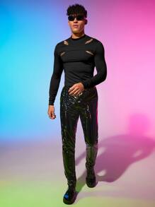 FeverCity 男士鏤空小高領T恤 - 黑色 - 查看 6