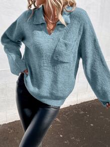 SHEIN LUNE Pocket Front Drop Shoulder Jumper - Blue - View 4