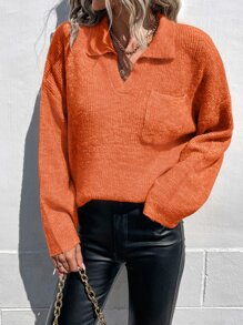 SHEIN LUNE Jersey con bolsillo delantero de hombros caídos - Naranja - Ver 3