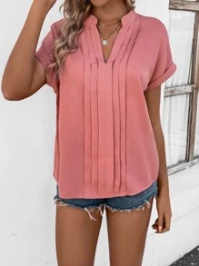SHEIN LUNE Press Crease Notched Neck Batwing Sleeve Blouse - Pink - View 3