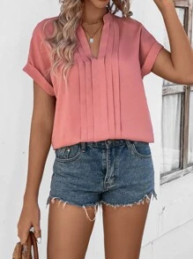 SHEIN LUNE Press Crease Notched Neck Batwing Sleeve Blouse - Pink - View 4