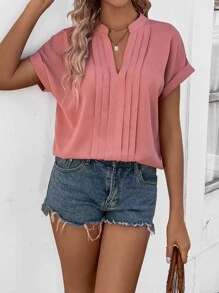SHEIN LUNE Press Crease Notched Neck Batwing Sleeve Blouse - Pink - View 6
