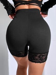 SHEIN SXY Contrast Lace Cycling Shorts - Black - View 2