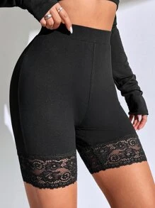 SHEIN SXY Contrast Lace Cycling Shorts - Black - View 6