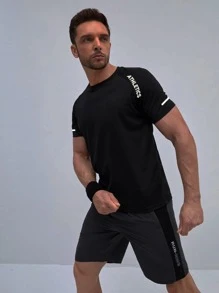 Manfinity Running Men Letter Graphic Sports Tee Workout Tops - Black - View 6