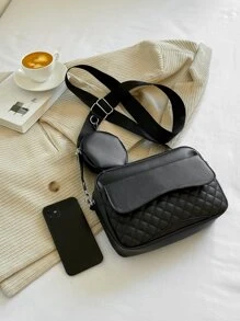 Quilted Detail Square Bag With Coin Purse - Black - View 5
