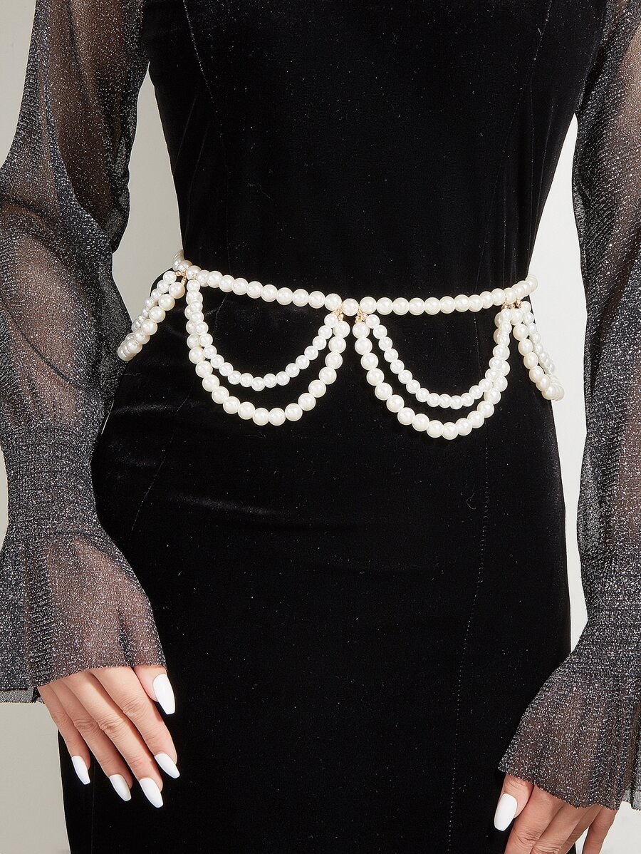 Elegant 1pc Women's Multilayer Faux Pearl Wave Tassel Belt Chain, Faux Pearl Beaded Waist Chain 105cm Halloween Summer, School Fall, Autumn, Halloween - White - View 1