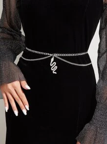 1pc Women's Waist Chain With Snake Zodiac Pendant Rhinestone Inlaid, Double Side Chain, 105cm/41.34inches - Silver - View 1