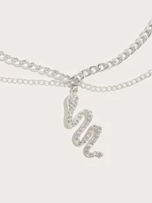 1pc Women's Waist Chain With Snake Zodiac Pendant Rhinestone Inlaid, Double Side Chain, 105cm/41.34inches - Silver - View 3