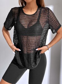 SHEIN Essnce Hollow Out Lace Top Without Bra - Black - View 5