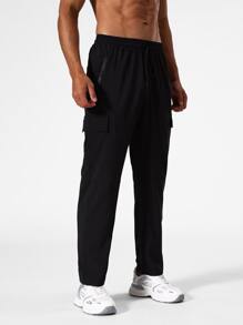 Men Flap Pocket Side Drawstring Waist Sports Trousers - Black - View 1