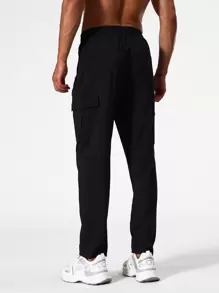 Men Flap Pocket Side Drawstring Waist Sports Trousers - Black - View 2