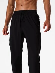 Men Flap Pocket Side Drawstring Waist Sports Trousers - Black - View 3