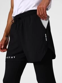 Men Letter Graphic 2 In 1 Sports Trousers - Black - View 4