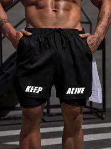 Men Letter Graphic 2 In 1 Sports Shorts With Towel Loop - Black - View 3