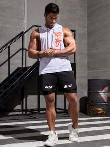 Men Letter Graphic 2 In 1 Sports Shorts With Towel Loop - Black - View 4