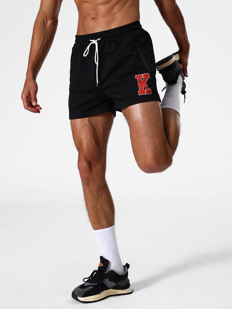 Men Letter Graphic Drawstring Waist Sports Shorts - Black - View 1