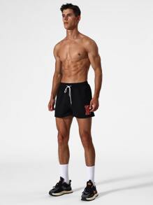 Men Letter Graphic Drawstring Waist Sports Shorts - Black - View 3