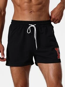 Men Letter Graphic Drawstring Waist Sports Shorts - Black - View 4