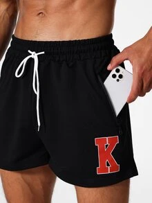 Men Letter Graphic Drawstring Waist Sports Shorts - Black - View 5