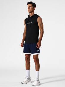 Men Letter Graphic Drawstring Hooded Sports Tank Top - Black - View 3