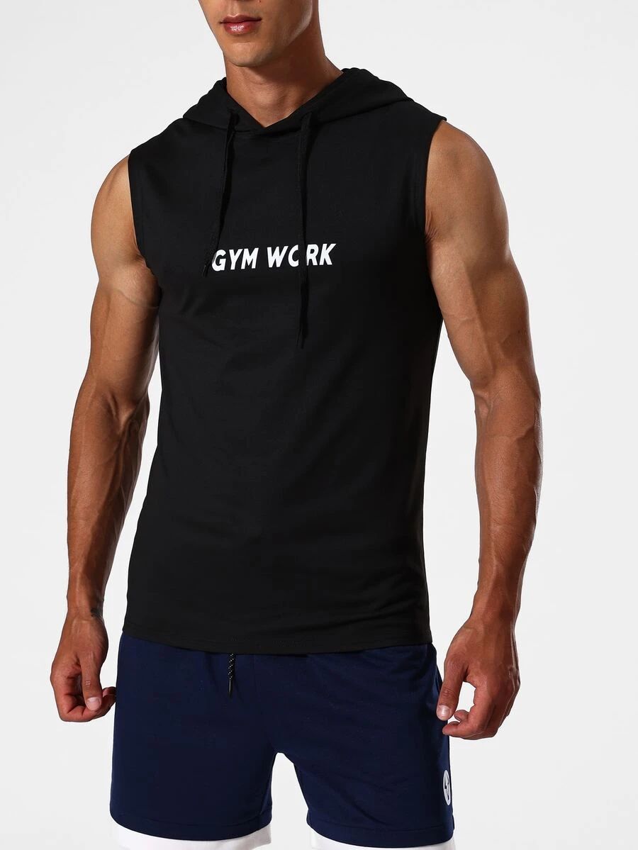 Men Letter Graphic Drawstring Hooded Sports Tank Top - Black - View 1