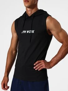 Men Letter Graphic Drawstring Hooded Sports Tank Top - Black - View 5