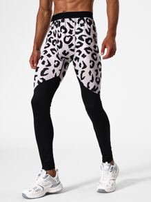 Men Two Tone Leopard Print Sports Tights - Multicolor - View 1