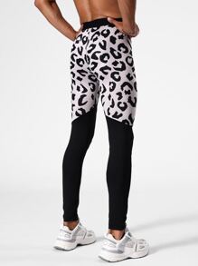 Men Two Tone Leopard Print Sports Tights - Multicolor - View 2