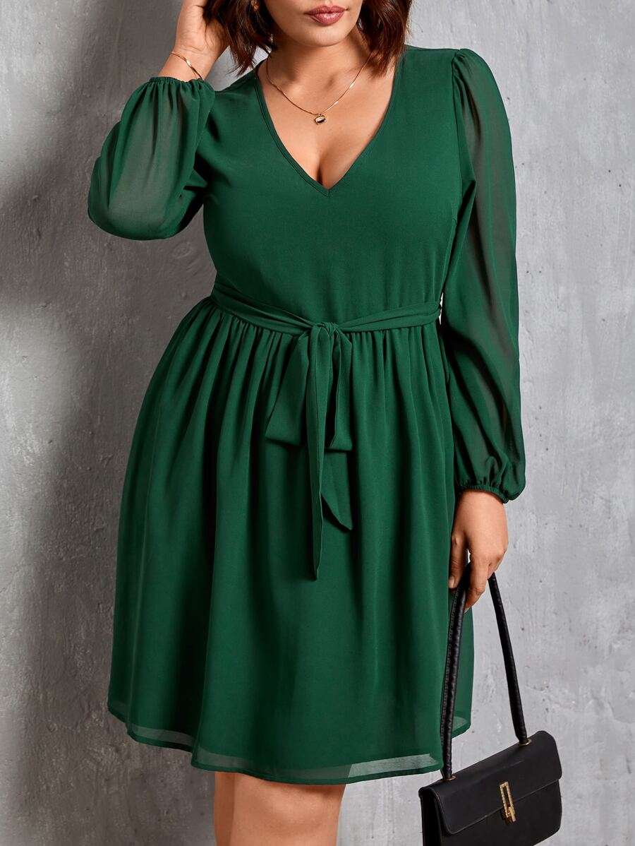SHEIN Privé Plus V Neck Lantern Sleeve Dress - Dark Green - View 1