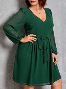 SHEIN Privé Plus V Neck Lantern Sleeve Dress - Dark Green - View 5